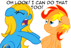 Size: 500x339 | Tagged: safe, artist:furrgroup, oc, oc only, oc:firefly, oc:internet explorer, earth pony, pegasus, pony, :t, animated, blue eyes, browser ponies, dialogue, duo, duo female, earth pony oc, eyes closed, female, floppy ears, folded wings, gif, hoofy-kicks, internet explorer, looking at someone, loop, mare, multicolored mane, open mouth, pegasus oc, simple background, white background, wings, yellow mane