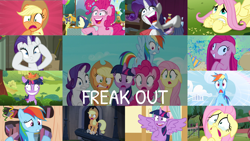 Size: 1968x1108 | Tagged: safe, edit, edited screencap, editor:quoterific, screencap, applejack, fluttershy, pinkie pie, rainbow dash, rarity, twilight sparkle, alicorn, earth pony, pegasus, pony, unicorn, castle mane-ia, daring don't, fame and misfortune, filli vanilli, g4, lesson zero, magic duel, party of one, party pooped, secrets and pies, sonic rainboom (episode), the crystal empire, the saddle row review, applejack's hat, bloodshot eyes, cowboy hat, crying, freakout, gasp, hat, mane six, open mouth, pinkamena diane pie, screaming, twilight snapple, twilight sparkle (alicorn), twitching, unicorn twilight