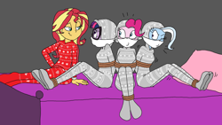 Size: 2068x1164 | Tagged: safe, artist:bugssonicx, pinkie pie, sci-twi, sunset shimmer, trixie, twilight sparkle, human, equestria girls, g4, arm behind back, bed, bedroom bondage, bondage, bound and gagged, cloth gag, clothes, female, footed sleeper, footie pajamas, gag, help us, on bed, one eye closed, onesie, over the nose gag, pajamas, rope, rope bondage, sleepover, slumber party, tied up, winter
