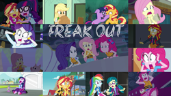 Size: 1978x1113 | Tagged: safe, edit, edited screencap, editor:quoterific, screencap, applejack, fluttershy, juniper montage, pinkie pie, rainbow dash, rarity, sci-twi, spike, sunset shimmer, twilight sparkle, dog, pig, pony, unicorn, equestria girls, equestria girls series, equestria girls specials, forgotten friendship, g4, movie magic, my little pony equestria girls, my little pony equestria girls: legend of everfree, my little pony equestria girls: rainbow rocks, spring breakdown, spoiler:eqg series (season 2), clothes, equestria girls ponified, eyes closed, freak out, freakout, glasses, humane five, humane seven, humane six, meme, open mouth, screaming, spike the dog, swimsuit, twiscream, unicorn sci-twi
