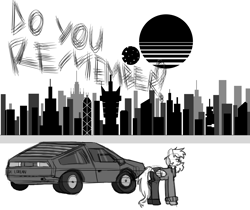 Size: 6900x5800 | Tagged: safe, artist:menalia, oc, oc only, oc:shiny flames, pegasus, pony, absurd resolution, car, city, clothes, cyberpunk, cyberpunk 2077, delorean, emotionless, female, grayscale, hoodie, mare, monochrome, moon, pants, shoes, sketch, solo, sun, text, wings, wip