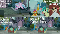 Size: 2000x1125 | Tagged: safe, edit, edited screencap, editor:quoterific, screencap, gallus, ocellus, sandbar, silverstream, smolder, yona, dragon, earth pony, griffon, hippogriff, pony, seapony (g4), yak, g4, school daze, confused, dragoness, female, male, open mouth, stairs, student six, that hippogriff sure does love stairs