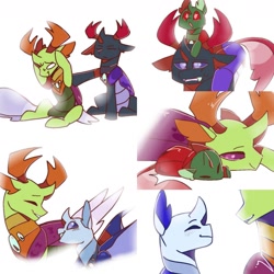 Size: 1564x1564 | Tagged: safe, artist:paintedsnek, pharynx, thorax, oc, oc:apex (kolb), oc:calor the changeling, changedling, changeling, fanfic:the king of love bugs, g4, blushing, brotherly love, brothers, changedling brothers, collage, cuddling, cute, holding head, king thorax, male, panic, panicking, papa thorax, pony hat, prince pharynx, riding, sibling love, siblings, simple background, sleeping, smiling, thorabetes, white background