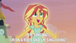 Size: 2000x1125 | Tagged: safe, edit, edited screencap, screencap, sunset shimmer, elf, equestria girls, g4, my past is not today, arms spread out, canterlot high, captain obvious, caption, clock, cloud, elf (movie), flag, glowing, image macro, impact font, looking up, meme, open mouth, reference, sky, smiling, sunrise, text