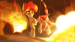 Size: 1920x1080 | Tagged: safe, artist:xeniusfms, oc, oc only, earth pony, pony, bow, explosion, female, mare, night, solo