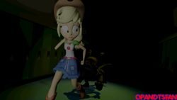 Size: 3840x2160 | Tagged: safe, artist:optimussparkle, applejack, dog, equestria girls, g4, 3d, animatronic, crossover, fetch (fnaf), five nights at freddy's, high res, running, scared, source filmmaker