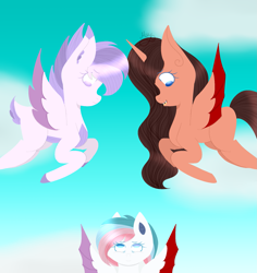 Size: 1889x1999 | Tagged: safe, artist:thecommandermiky, oc, oc:commander miky, alicorn, bat pony, deer, deer pony, original species, peryton, pony, flying, lineless, sky