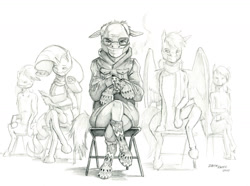 Size: 1400x1042 | Tagged: safe, artist:baron engel, rarity, earth pony, pegasus, pony, unicorn, g4, bald, bernie sanders, chair, clothes, coat, face mask, glasses, mask, ponified, scarf, sitting, spread wings, wings