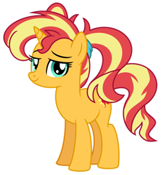 Size: 1024x1110 | Tagged: safe, artist:emeraldblast63, artist:kittyrosie, sunset shimmer, pony, unicorn, g4, alternate hairstyle, collaboration, cute, female, mare, pigtails, shimmerbetes, solo, twintails
