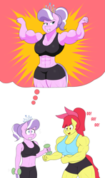 Size: 1811x3072 | Tagged: safe, artist:matchstickman, apple bloom, diamond tiara, earth pony, anthro, matchstickman's apple brawn series, tumblr:where the apple blossoms, g4, abs, apple bloom's bow, apple brawn, armpits, biceps, bow, breasts, busty apple bloom, busty diamond tiara, clothes, comic, deltoids, dialogue, diamond-hard tiara, dumbbell (object), duo, exercise, female, flexing, grin, gritted teeth, gym shorts, hair bow, imagining, jewelry, mare, muscles, older, older apple bloom, older diamond tiara, pecs, simple background, smiling, sports bra, sweat, thighs, thought bubble, thunder thighs, tiara, tumblr comic, weight lifting, weights, white background