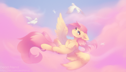 Size: 5000x2845 | Tagged: safe, artist:dedfriend, fluttershy, bird, pegasus, pony, g4, chest fluff, cloud, cute, ear fluff, female, flying, high res, hooves to the chest, leg fluff, looking at someone, mare, shyabetes, sky, smiling, solo, spread wings, wings