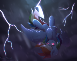 Size: 5000x4000 | Tagged: safe, artist:dedfriend, rainbow dash, pegasus, pony, g4, absurd resolution, ear fluff, female, flying, lightning, mare, outdoors, overcast, rain, smiling, solo, spread wings, upside down, wings