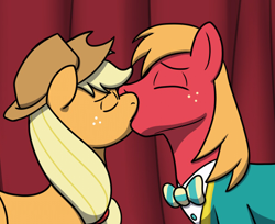 Size: 500x407 | Tagged: safe, artist:caluriri, edit, applejack, big macintosh, earth pony, pony, g4, applecest, cropped, duo, explicit source, female, incest, kiss on the lips, kissing, male, mare, sfw edit, ship:applemac, shipping, stallion, straight