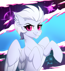 Size: 1742x1908 | Tagged: safe, artist:strafe blitz, oc, oc only, pegasus, pony, abstract background, belly, bust, concave belly, grin, looking at you, open mouth, raised hooves, signature, slender, smiling, solo, thin