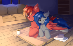 Size: 1920x1200 | Tagged: safe, artist:lunar froxy, oc, oc only, earth pony, pegasus, pony, book, chest fluff, commission, couch, ear fluff, eyes closed, female, indoors, male, mug, oc x oc, shipping, smiling, snuggling, straight, wing blanket, winghug, wings