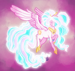 Size: 1280x1215 | Tagged: safe, artist:snickerdoobles, princess celestia, alicorn, pony, g4, curved horn, eyes closed, female, flying, glowing mane, glowing tail, horn, jewelry, mare, pinklestia, regalia, solo
