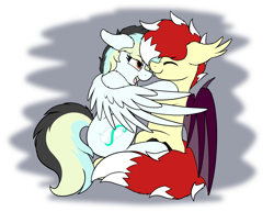Size: 3000x2312 | Tagged: safe, artist:aaathebap, oc, oc only, oc:aaaaaaaaaaa, oc:swifty breeze, bat pony, pegasus, pony, bat pony oc, bat wings, duo, duo male and female, feathered wings, female, high res, hug, in love, male, mare, nuzzling, pegasus oc, pegasus wings, simple background, snuggling, stallion, straight, transparent background, wings