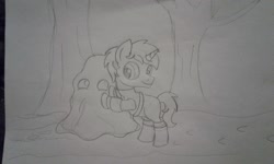 Size: 2560x1536 | Tagged: safe, artist:peternators, oc, oc:heroic armour, pony, unicorn, boots, clothes, colt, forest, hug, leather armor, male, monochrome, shoes, sketch, slime, smiling, solo, traditional art, tree