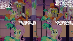 Size: 1986x1117 | Tagged: safe, edit, edited screencap, editor:quoterific, screencap, discord, fluttershy, tree hugger, draconequus, earth pony, pegasus, pony, g4, make new friends but keep discord, :i, balloon, clothes, dress, female, gala dress, grand galloping gala, hat, male, open mouth, we bought two cakes