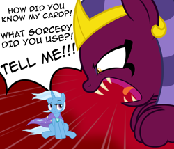 Size: 2530x2164 | Tagged: safe, artist:badumsquish, derpibooru exclusive, the sphinx, trixie, pony, sphinx, unicorn, g4, abstract background, angry, cape, clothes, dialogue, dreamworks face, duo, female, headdress, high res, magic trick, mare, raised eyebrow, screaming, sharp teeth, show accurate, size difference, smug, teeth, that's trixie, trixie's cape, windswept mane, windswept tail, yelling