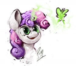 Size: 1433x1237 | Tagged: safe, artist:rigbyh00ves, sweetie belle, butterfly, pony, unicorn, g4, bust, female, filly, magic, open mouth, portrait, smiling, solo, sweetie belle's magic brings a great big smile