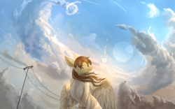 Size: 2560x1600 | Tagged: safe, artist:ssnerdy, oc, oc only, pegasus, pony, clothes, cloud, eyes closed, lens flare, power line, solo, windswept mane