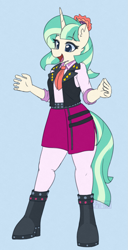 Size: 957x1866 | Tagged: safe, artist:puetsua, coco pommel, sunset shimmer, oc, oc:cocoshim, unicorn, anthro, unguligrade anthro, g4, blue background, boots, clothes, commission, eyebrows, eyebrows visible through hair, female, fusion, open mouth, shirt, shoes, simple background, smiling, solo, standing
