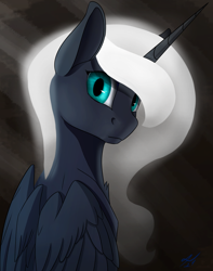 Size: 1700x2160 | Tagged: safe, artist:tenebrisnoctus, princess luna, alicorn, pony, g4, abstract background, alternate design, brown background, bust, chest fluff, ethereal mane, female, folded wings, looking at you, mare, simple background, solo, turned head, white-haired luna, wings