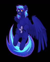 Size: 1024x1271 | Tagged: safe, artist:ssilverliver, oc, oc only, pegasus, pony, black background, chest fluff, ethereal mane, flower, heterochromia, open mouth, pegasus oc, simple background, sitting, smiling, solo, starry mane, wings