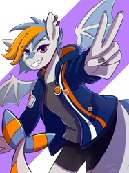 Size: 1500x2001 | Tagged: safe, artist:itsonlyaurl, oc, oc only, oc:gulfstream, hybrid, original species, shark, shark pony, anthro, bat wings, clothes, compression shorts, female, grin, jacket, looking at you, peace sign, piercing, smiling, solo, tail, wings