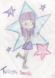 Size: 2086x2930 | Tagged: safe, artist:mexicangirl12, twilight sparkle, human, g4, clothes, cutie mark background, female, high res, humanized, shoes, skirt, smiling, solo, traditional art, waving