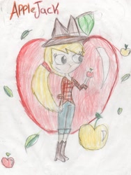 Size: 2169x2880 | Tagged: safe, artist:mexicangirl12, applejack, human, g4, apple, boots, clothes, eyelashes, female, food, hat, high heel boots, high res, humanized, pants, shoes, smiling, solo, traditional art