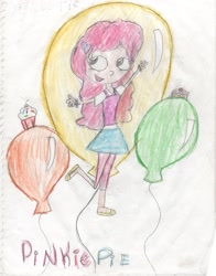 Size: 2296x2928 | Tagged: safe, artist:mexicangirl12, pinkie pie, human, g4, balloon, clothes, eyelashes, female, high res, humanized, open mouth, pants, skirt, smiling, solo, traditional art