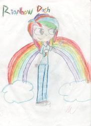 Size: 2160x2988 | Tagged: safe, artist:mexicangirl12, rainbow dash, human, g4, clothes, eyelashes, female, high res, humanized, pants, rainbow, smiling, solo, traditional art, waving