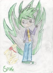 Size: 2235x3062 | Tagged: safe, artist:mexicangirl12, spike, human, g4, clothes, fire, high res, humanized, male, pants, scroll, shoes, smiling, solo, traditional art, waving
