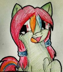 Size: 1152x1318 | Tagged: safe, artist:juliet-gwolf18, oc, oc only, earth pony, pony, bust, earth pony oc, eyelashes, female, mare, open mouth, smiling, solo, traditional art