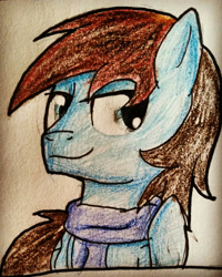 Size: 1152x1440 | Tagged: safe, artist:juliet-gwolf18, oc, oc only, pegasus, pony, bust, clothes, male, pegasus oc, scarf, smiling, solo, stallion, traditional art, wings