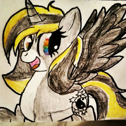 Size: 1983x1983 | Tagged: safe, artist:juliet-gwolf18, oc, oc only, oc:juliet, alicorn, pony, alicorn oc, bust, eyelashes, horn, open mouth, smiling, solo, traditional art, wings, yin-yang
