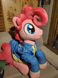 Size: 3024x4032 | Tagged: safe, artist:lanacraft, artist:noxi1_48, photographer:crescent star, pinkie pie, earth pony, pony, g4, bubble berry, clothes, couch, hoodie, irl, male, photo, plushie, rule 63, sitting, solo, wonderbolts hoodie