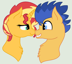 Size: 1034x924 | Tagged: safe, artist:jadeharmony, flash sentry, sunset shimmer, pegasus, pony, unicorn, g4, boop, bust, duo, female, grin, looking into each others eyes, male, mare, noseboop, ship:flashimmer, shipping, simple background, smiling, stallion, straight
