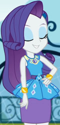 Size: 980x2045 | Tagged: safe, screencap, rarity, equestria girls, g4, my little pony equestria girls: better together, sock it to me, sock it to me: rarity, canterlot high, clothes, cropped, cute, diamond, dress, eyes closed, female, geode of shielding, gold, hand on hip, jewelry, legs, magical geodes, makeup, necklace, outdoors, pencil skirt, raribetes, rarity peplum dress, skirt, sleeveless, smiling, soccer field, waistband, wrist cuffs