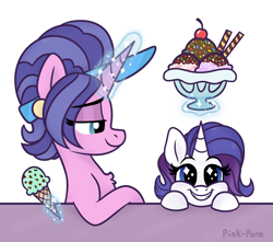 Size: 2000x1770 | Tagged: safe, artist:pink-pone, cookie crumbles, rarity, pony, unicorn, g4, cherry, chest fluff, cute, female, food, fruit, happy, herbivore, ice cream, ice cream cone, like mother like daughter, like parent like child, magic, mother and child, mother and daughter, raribetes, telekinesis
