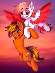 Size: 1200x1600 | Tagged: safe, artist:falafeljake, oc, oc only, oc:deepest apologies, oc:mixtape, earth pony, pegasus, pony, armpits, carrying, chest fluff, colored wings, ear fluff, eye clipping through hair, eyebrows, eyebrows visible through hair, flying, holding a pony, multicolored wings, open mouth, smiling, spread wings, sunset, wings