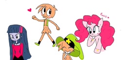 Size: 720x354 | Tagged: safe, artist:xmarticora, pinkie pie, twilight sparkle, g4, blushing, crossover, crush, heart, implied pinker, implied shipping, implied straight, simple background, wander (wander over yonder), wander over yonder