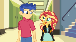Size: 1280x720 | Tagged: safe, artist:3d4d, flash sentry, sunset shimmer, equestria girls, g4, date, female, height difference, looking at each other, male, ship:flashimmer, shipping, straight