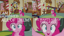 Size: 2000x1125 | Tagged: safe, edit, edited screencap, editor:quoterific, screencap, discord, pinkie pie, draconequus, earth pony, pony, g4, make new friends but keep discord, season 5, breaking the fourth wall, eyes closed, female, he wants all of the cakes, male, mare, open mouth, surprised