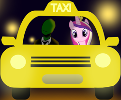 Size: 981x804 | Tagged: safe, anonymous artist, princess cadance, oc, oc:anon, alicorn, human, g4, car, night, smiling, streetlight, taxi