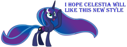 Size: 13891x5200 | Tagged: safe, artist:laszlvfx, artist:pegasski, princess luna, alicorn, pony, g4, absurd resolution, alternate hairstyle, base used, concave belly, cute, female, happy, lunabetes, mare, missing accessory, open mouth, raised hoof, simple background, slender, smiling, solo, text, thin, transparent background, vector