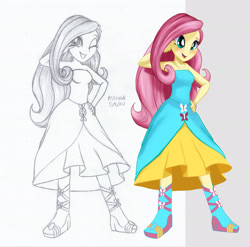 Size: 3000x2969 | Tagged: safe, artist:astevenamedwolf, fluttershy, equestria girls, g4, bare shoulders, female, high res, one eye closed, peace sign, sketch, sleeveless, solo, strapless, wink
