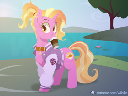 Size: 1600x1200 | Tagged: safe, artist:willoillo, luster dawn, pony, unicorn, g4, clothes, coffee, collar, ear piercing, female, horn, jacket, lilypad, looking at you, mare, piercing, ponytail, solo, tree, varsity jacket, water